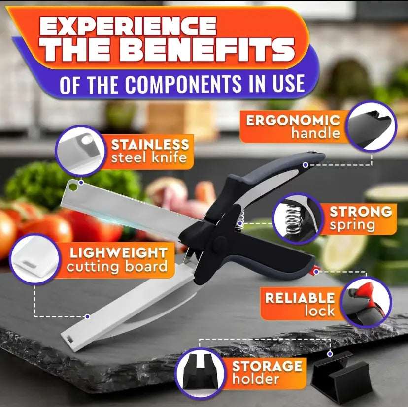 2 in 1 Kitchen Scissors for Food – Stainless Steel Blade & Plastic Cutting Board Scissors with Safety Lock