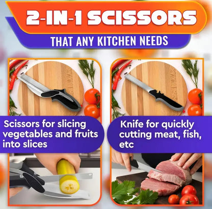 2 in 1 Kitchen Scissors for Food – Stainless Steel Blade & Plastic Cutting Board Scissors with Safety Lock