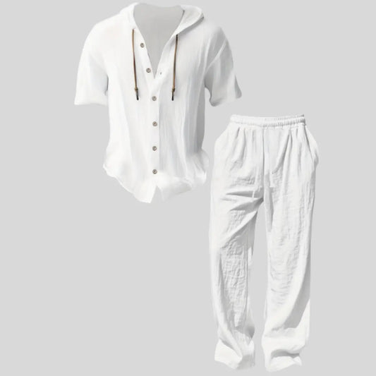 Men’s lightweight two-piece set with a hood, casual vacation style, loose and breathable thin fabric, hooded sweatshirt and wide-leg pants, for summer wear